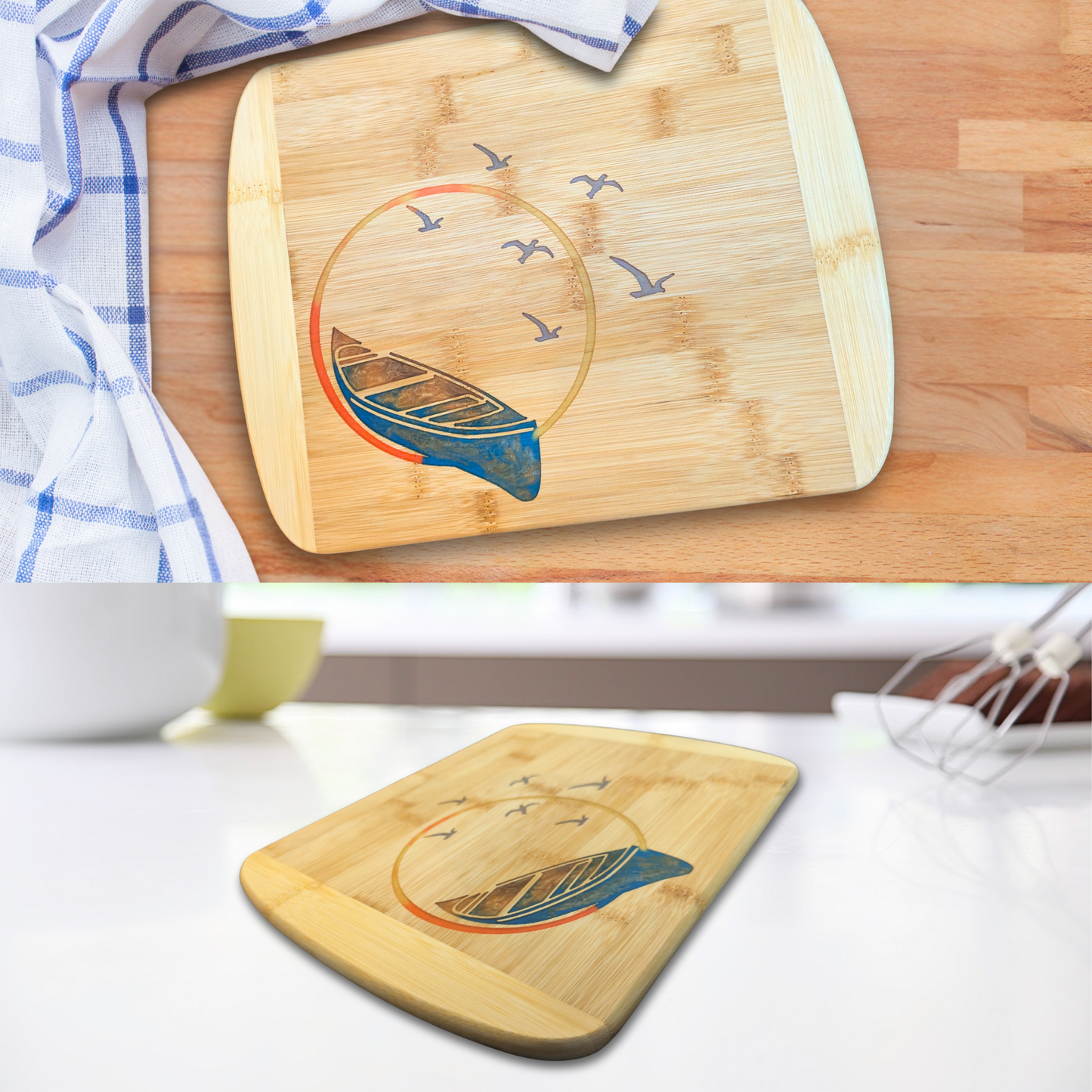 THE BLENDED OASIS - Bamboo Cutting Board - PNW Pacific Northwest Epoxy Resin Designs (Canoe) - Epoxy Resin Inlay