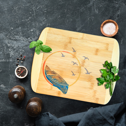 THE BLENDED OASIS - Bamboo Cutting Board - PNW Pacific Northwest Epoxy Resin Designs (Canoe) - Epoxy Resin Inlay