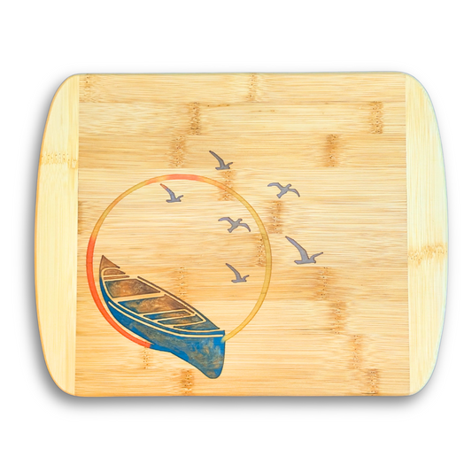 THE BLENDED OASIS - Bamboo Cutting Board - PNW Pacific Northwest Epoxy Resin Designs (Canoe) - Epoxy Resin Inlay