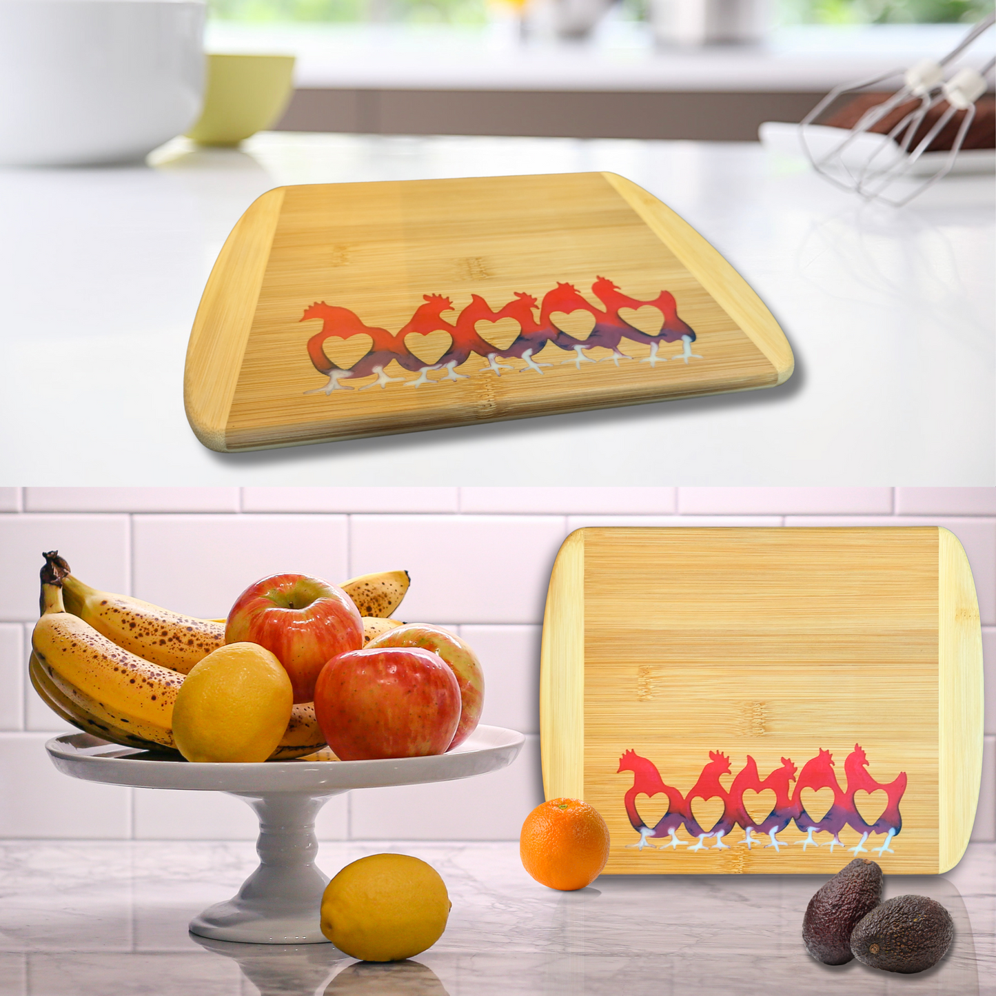 THE BLENDED OASIS - Bamboo Cutting Board - Earthly Creations Epoxy Resin Designs (Chickens) - Epoxy Resin Inlay