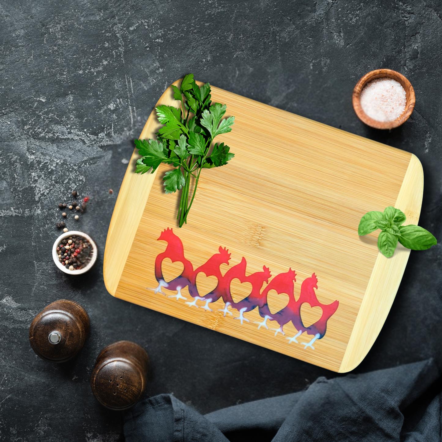 THE BLENDED OASIS - Bamboo Cutting Board - Earthly Creations Epoxy Resin Designs (Chickens) - Epoxy Resin Inlay