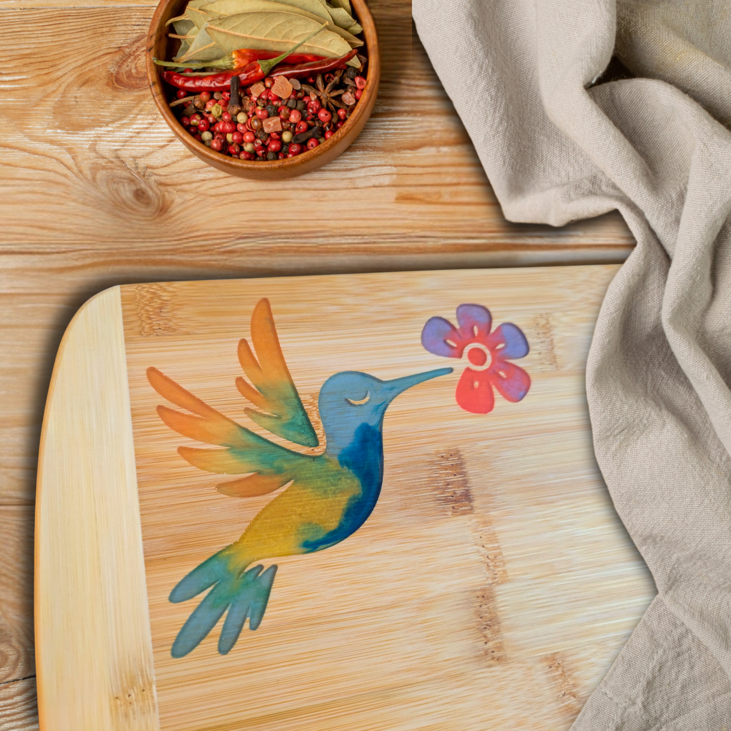 THE BLENDED OASIS - Bamboo Cutting Board - PNW Pacific Northwest Epoxy Resin Designs (Hummingbird) - Epoxy Resin Inlay