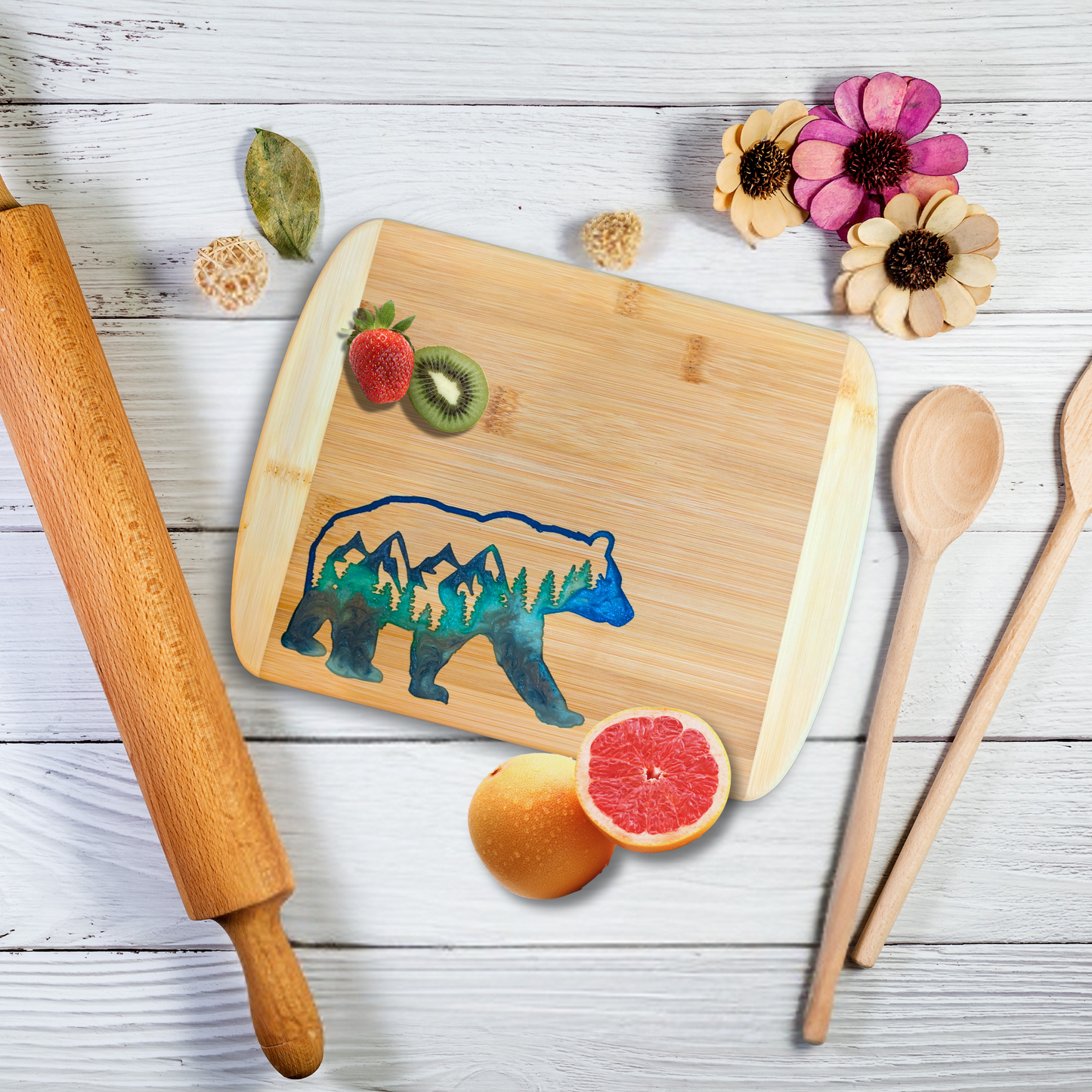 THE BLENDED OASIS - Bamboo Cutting Board - Earthly Creations Epoxy Resin Designs (Mountain Bear) - Epoxy Resin Inlay