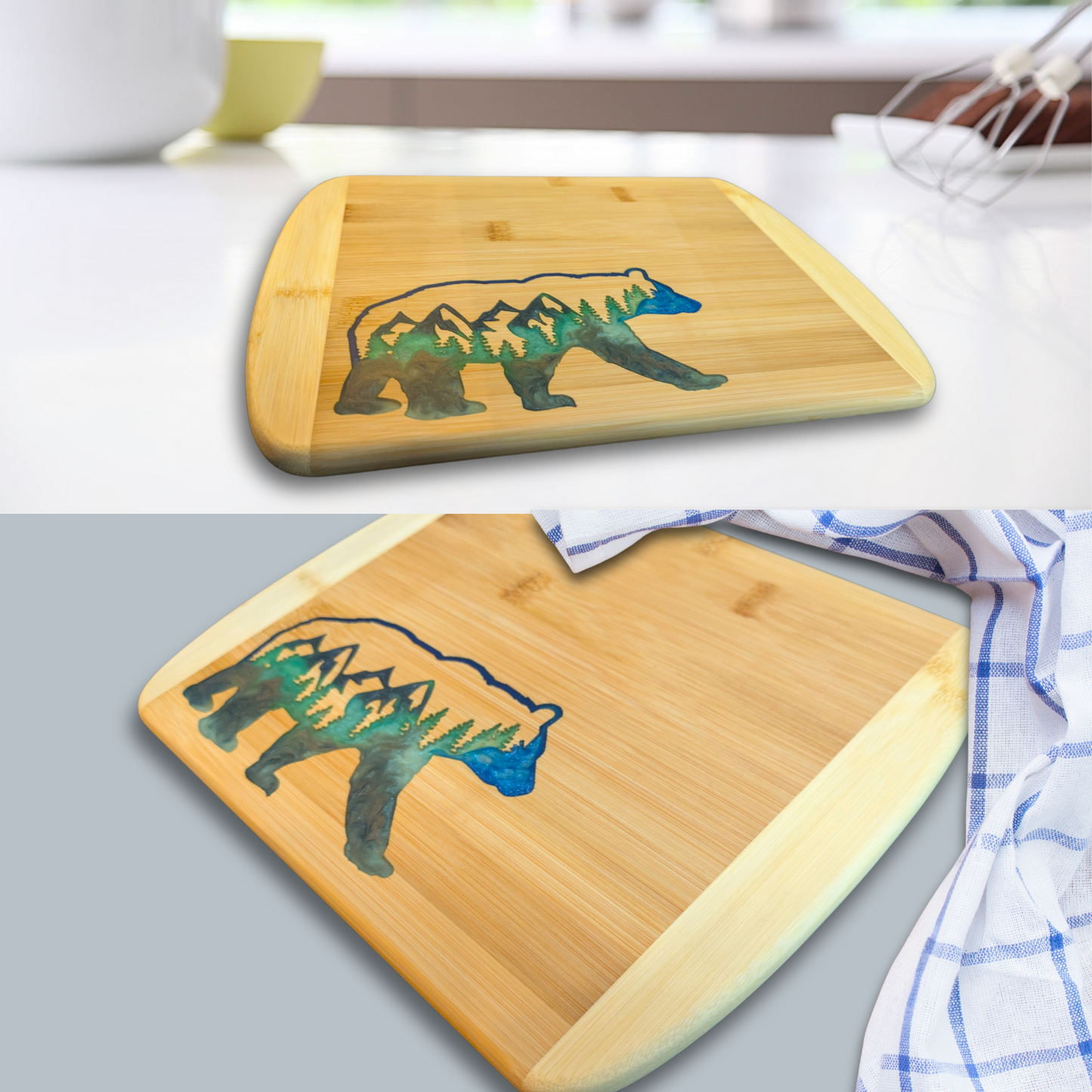 THE BLENDED OASIS - Bamboo Cutting Board - Earthly Creations Epoxy Resin Designs (Mountain Bear) - Epoxy Resin Inlay