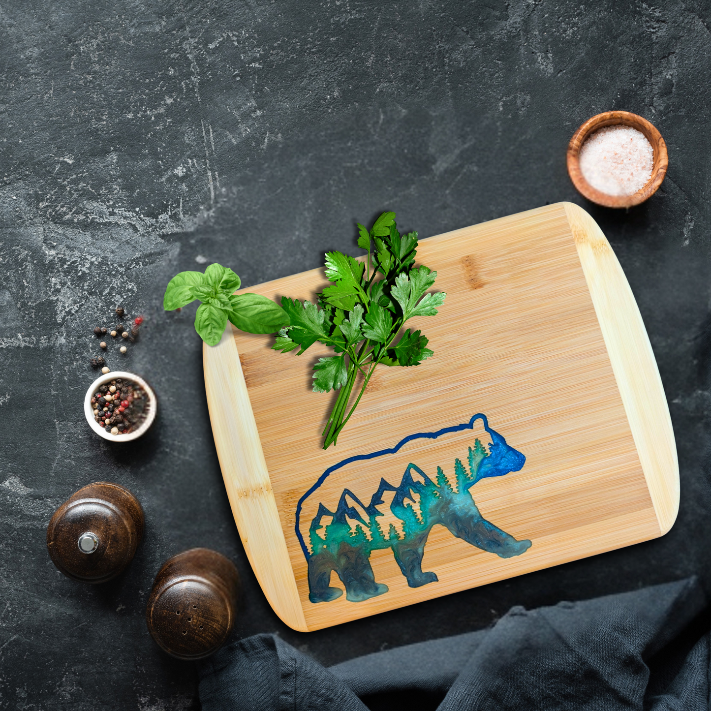 THE BLENDED OASIS - Bamboo Cutting Board - Earthly Creations Epoxy Resin Designs (Mountain Bear) - Epoxy Resin Inlay