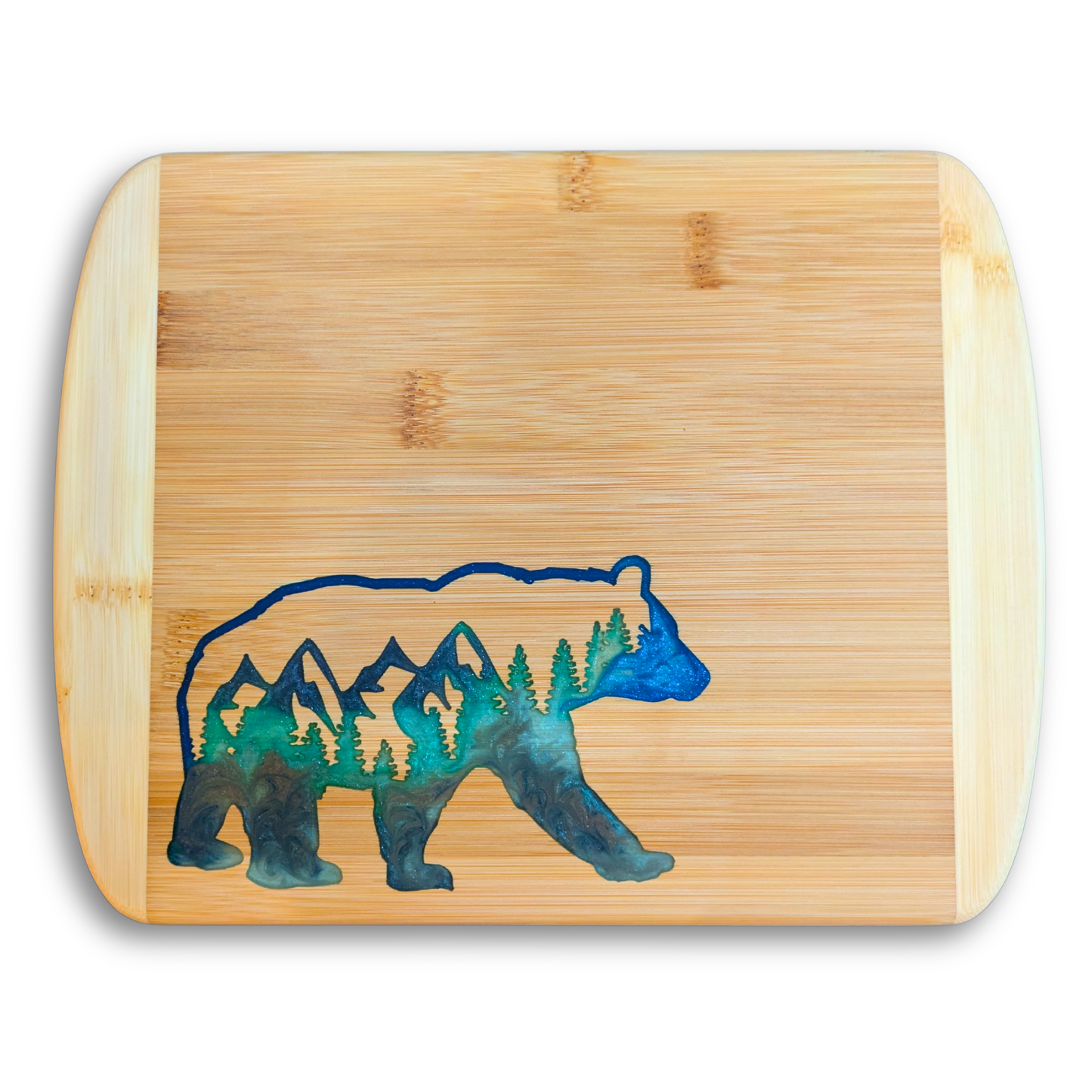 THE BLENDED OASIS - Bamboo Cutting Board - Earthly Creations Epoxy Resin Designs (Mountain Bear) - Epoxy Resin Inlay