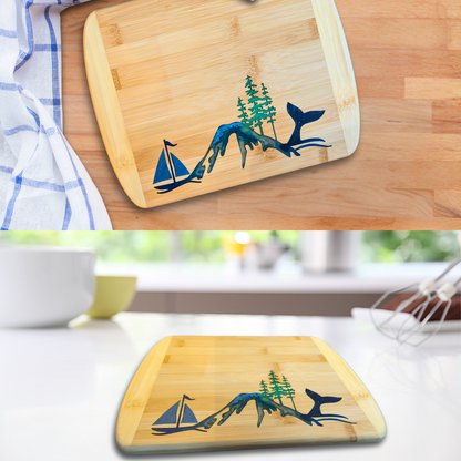 THE BLENDED OASIS - Bamboo Cutting Board - PNW Pacific Northwest Epoxy Resin Designs (NW Logo) - Epoxy Resin Inlay