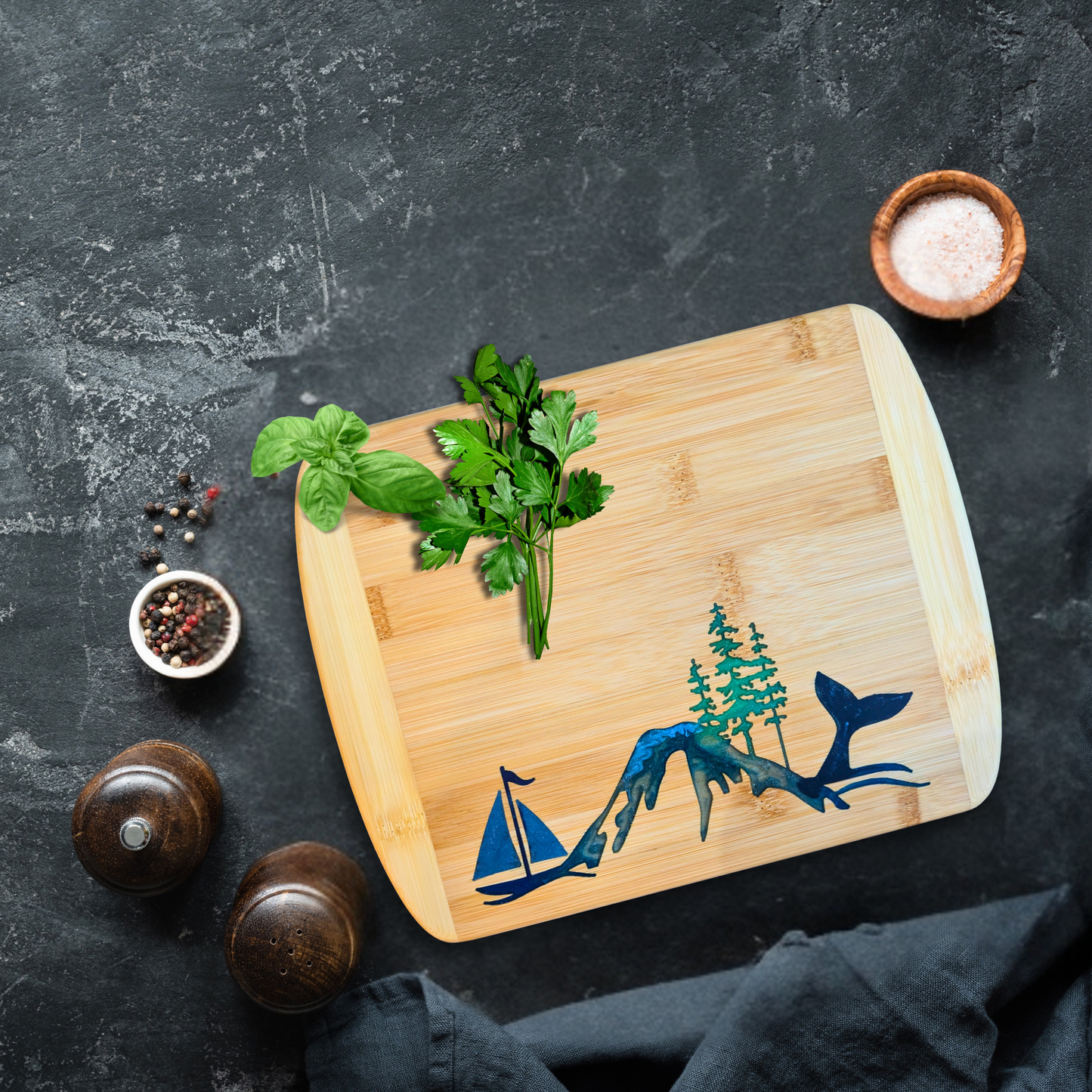 THE BLENDED OASIS - Bamboo Cutting Board - PNW Pacific Northwest Epoxy Resin Designs (NW Logo) - Epoxy Resin Inlay