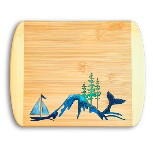 THE BLENDED OASIS - Bamboo Cutting Board - PNW Pacific Northwest Epoxy Resin Designs (NW Logo) - Epoxy Resin Inlay