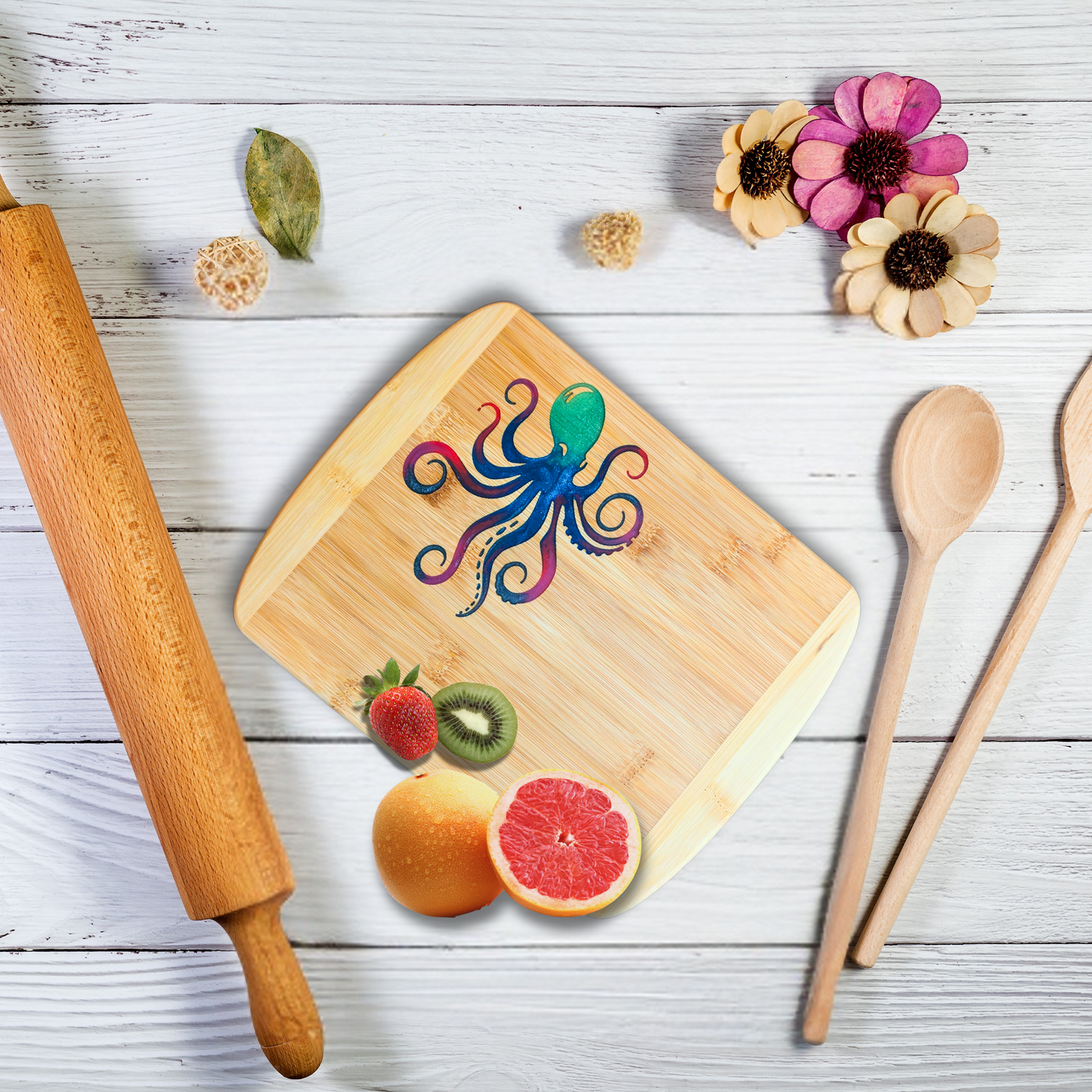 THE BLENDED OASIS - Bamboo Cutting Board - Marine Life Epoxy Resin Designs (Octopus 1) - Epoxy Resin Inlay