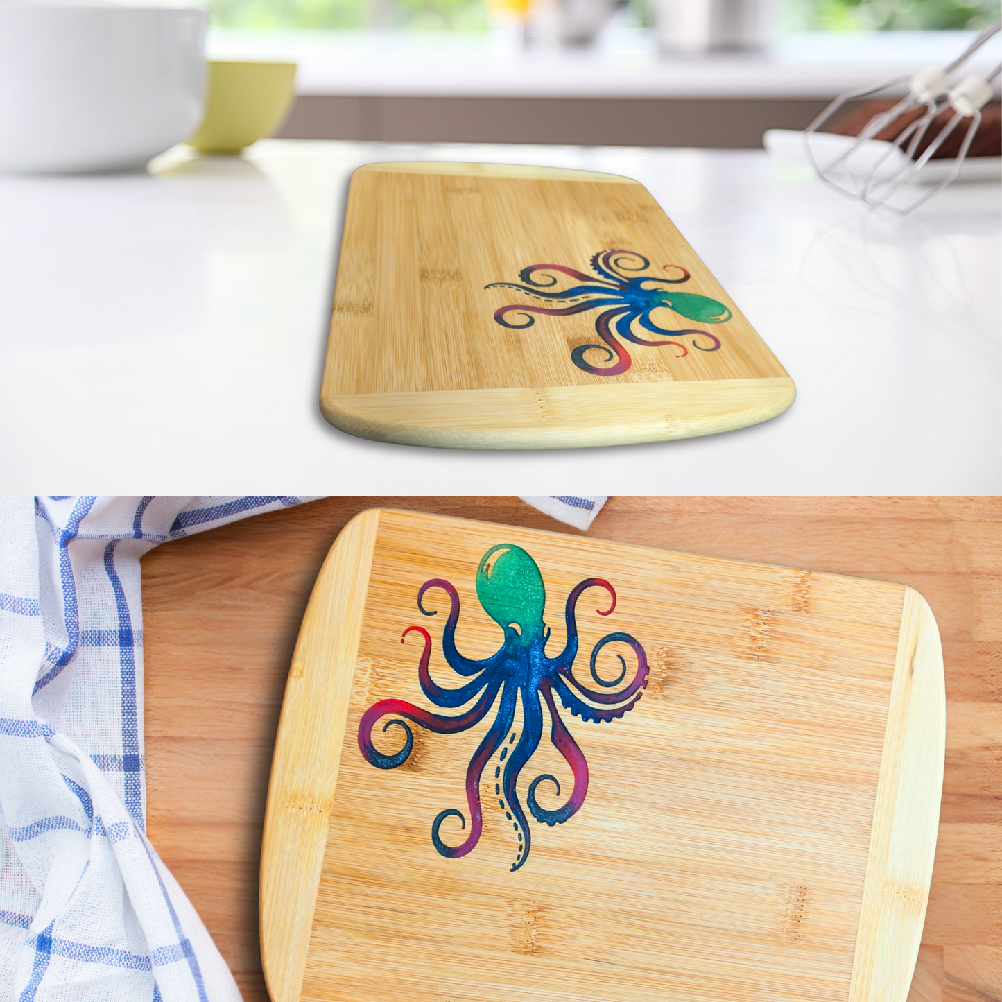 THE BLENDED OASIS - Bamboo Cutting Board - Marine Life Epoxy Resin Designs (Octopus 1) - Epoxy Resin Inlay