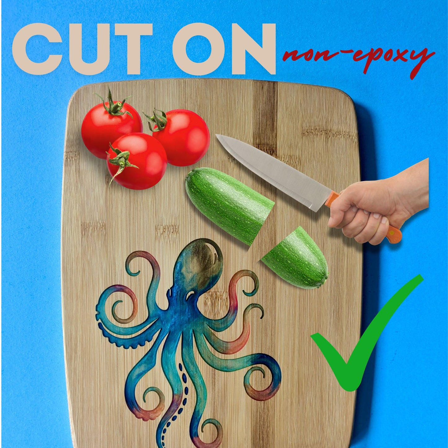 Bamboo Serving Cutting Board with Octopus Epoxy Resin Inlay - 13 x 10 x .625 inches