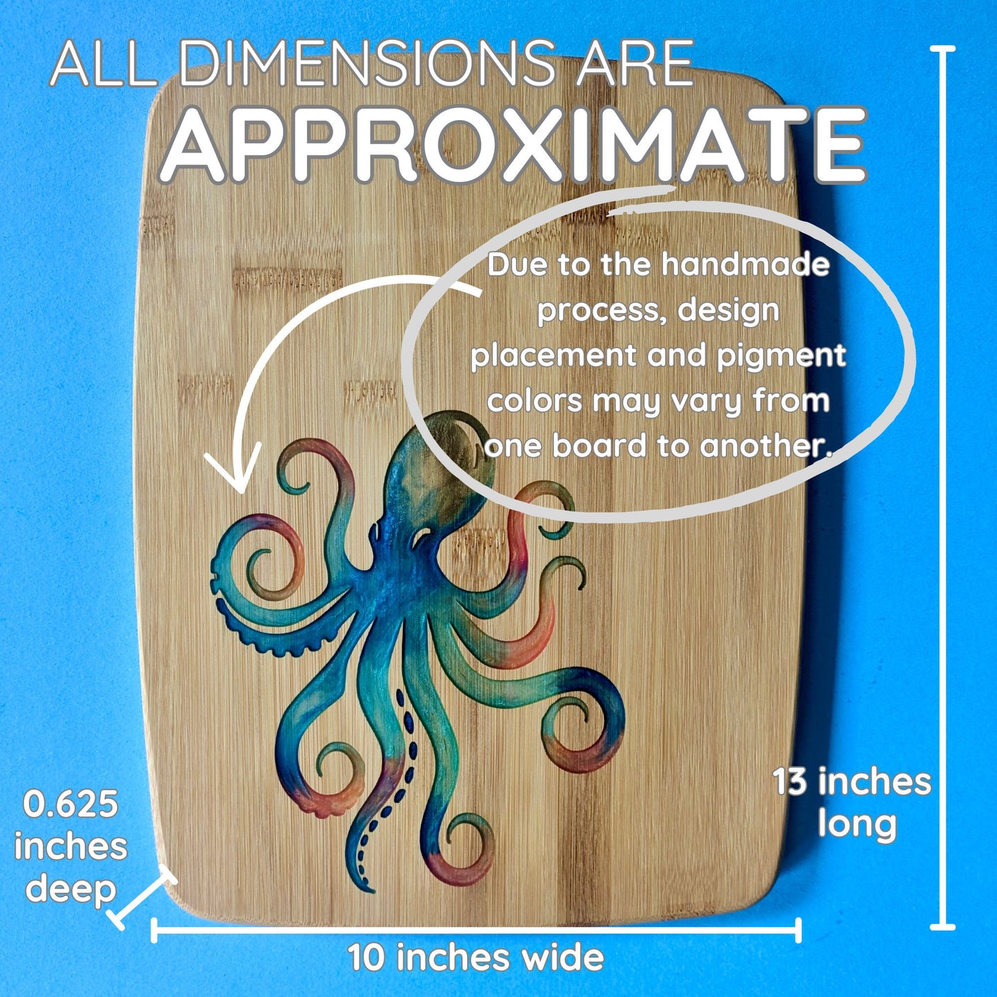 Bamboo Serving Cutting Board with Octopus Epoxy Resin Inlay - 13 x 10 x .625 inches