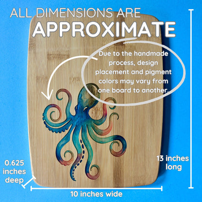 Bamboo Serving Cutting Board with Octopus Epoxy Resin Inlay - 13 x 10 x .625 inches