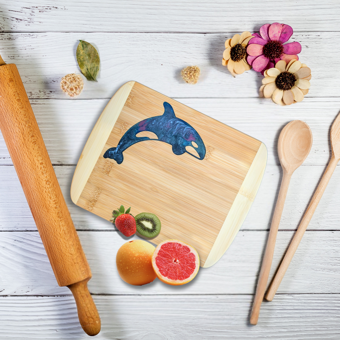 THE BLENDED OASIS - Bamboo Cutting Board - Marine Life Epoxy Resin Designs (Orca 1) - Epoxy Resin Inlay