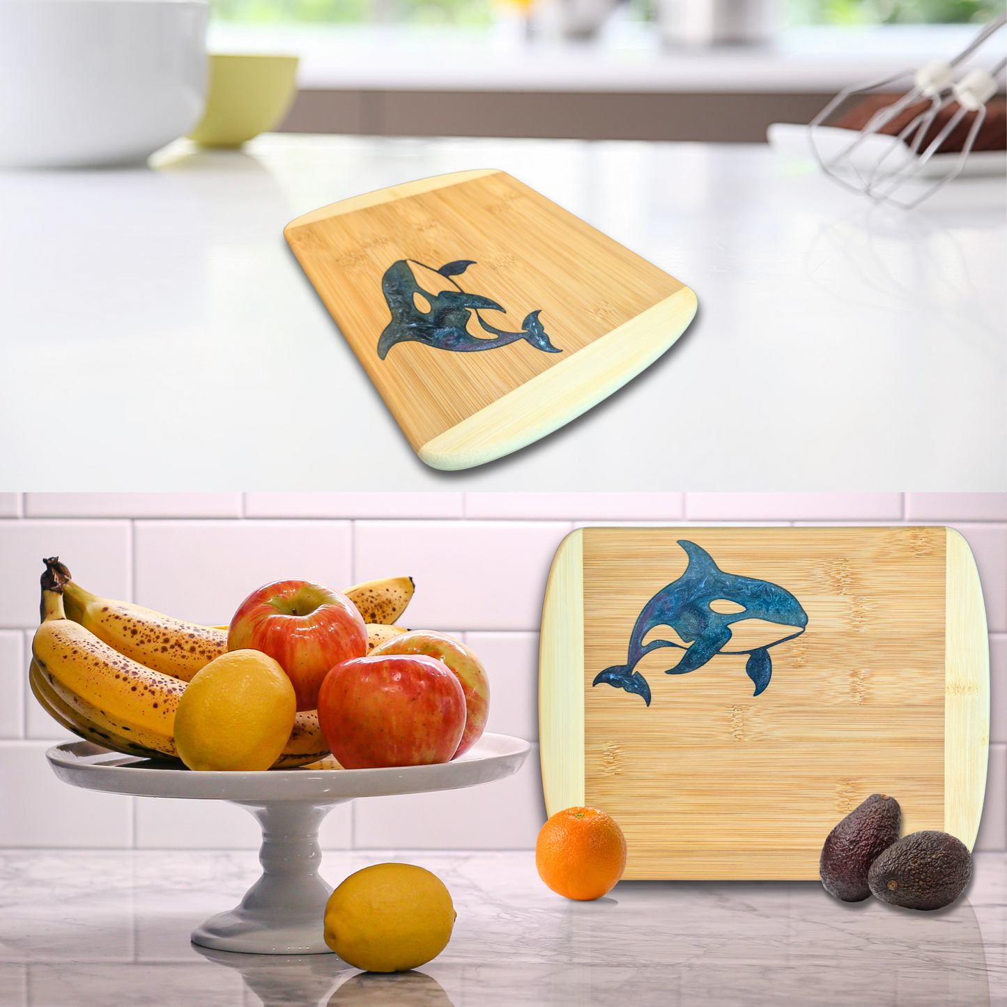 THE BLENDED OASIS - Bamboo Cutting Board - Marine Life Epoxy Resin Designs (Orca 2) - Epoxy Resin Inlay