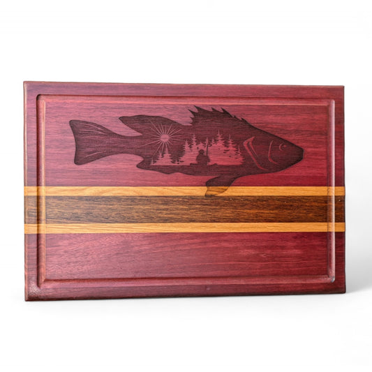 Bass Fisherman Engraving on Exotic Wood Cutting Board - 13 x 9.5 x .813 inches