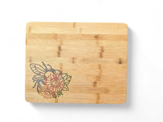 Sunflower Bumblebee Bamboo Cutting, Charcuterie, Serving Board - 15 x 11.875 x .625 inches