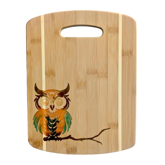 Bamboo Serving Cutting Board with Owl Epoxy Resin Inlay - 11 x 8.5 x .375 inches