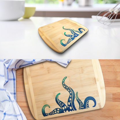 THE BLENDED OASIS - Bamboo Cutting Board - Marine Life Epoxy Resin Designs (Tentacles Blue) - Epoxy Resin Inlay