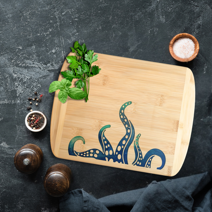 THE BLENDED OASIS - Bamboo Cutting Board - Marine Life Epoxy Resin Designs (Tentacles Blue) - Epoxy Resin Inlay