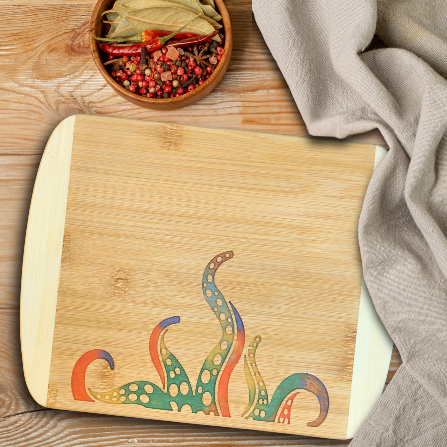 THE BLENDED OASIS - Bamboo Cutting Board - Marine Life Epoxy Resin Designs (Tentacles Orange) - Epoxy Resin Inlay