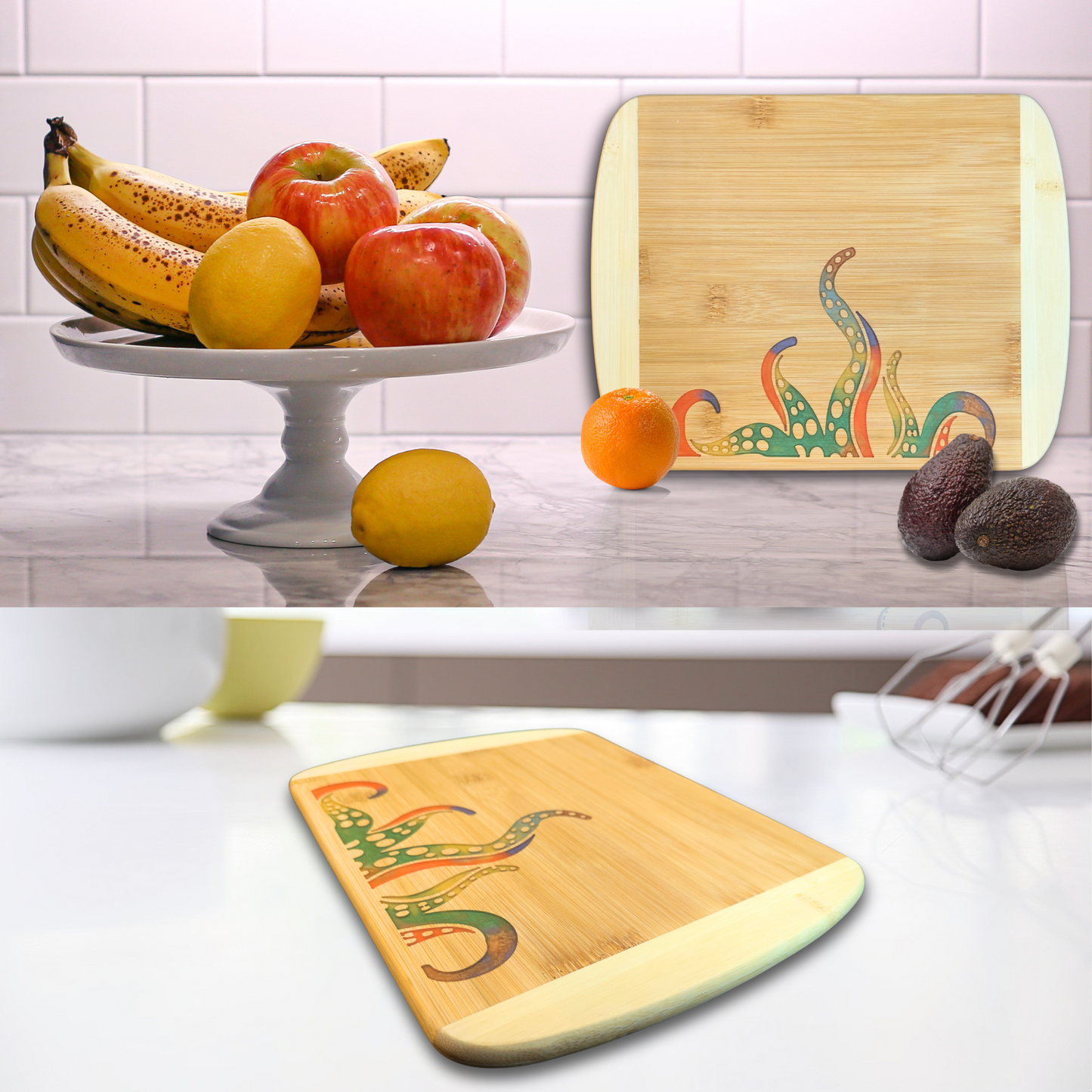 THE BLENDED OASIS - Bamboo Cutting Board - Marine Life Epoxy Resin Designs (Tentacles Orange) - Epoxy Resin Inlay