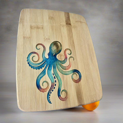 Bamboo Serving Cutting Board with Octopus Epoxy Resin Inlay - 13 x 10 x .625 inches