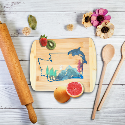 THE BLENDED OASIS - Bamboo Cutting Board - PNW Pacific Northwest Epoxy Resin Designs (Washington State) - Epoxy Resin Inlay