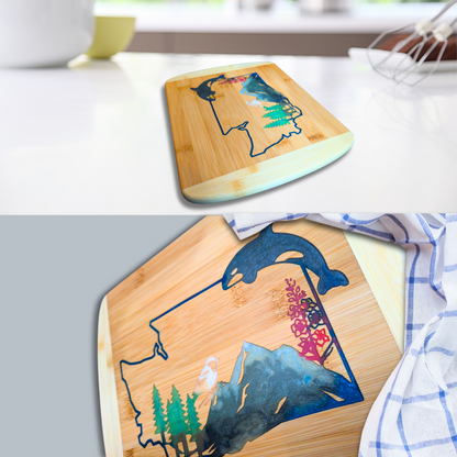 THE BLENDED OASIS - Bamboo Cutting Board - PNW Pacific Northwest Epoxy Resin Designs (Washington State) - Epoxy Resin Inlay