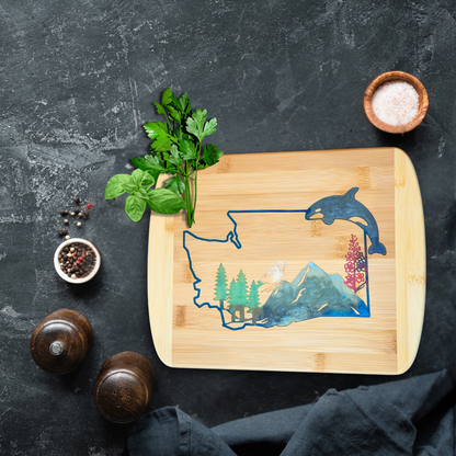 THE BLENDED OASIS - Bamboo Cutting Board - PNW Pacific Northwest Epoxy Resin Designs (Washington State) - Epoxy Resin Inlay