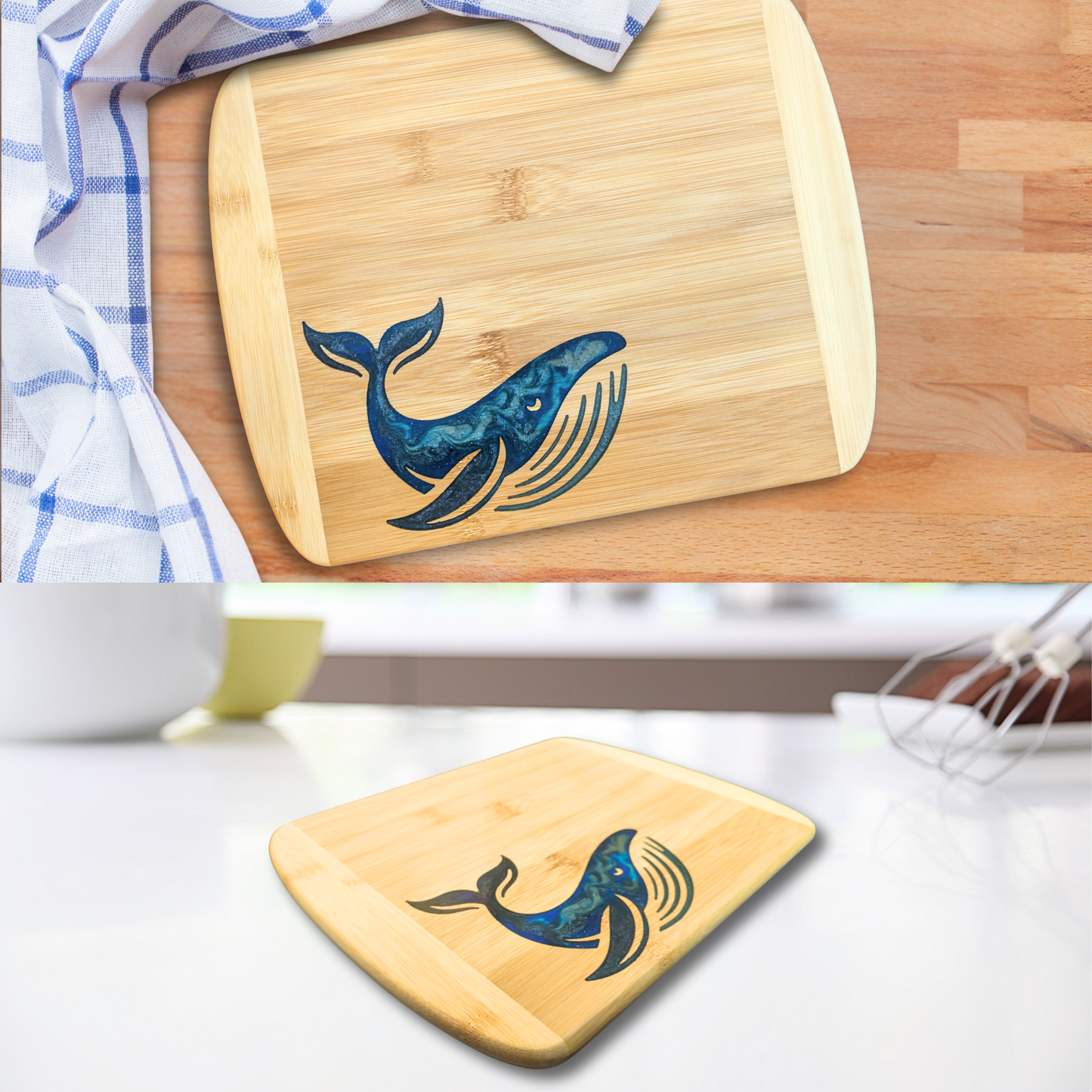 THE BLENDED OASIS - Bamboo Cutting Board - Marine Life Epoxy Resin Designs (Whale 1) - Epoxy Resin Inlay