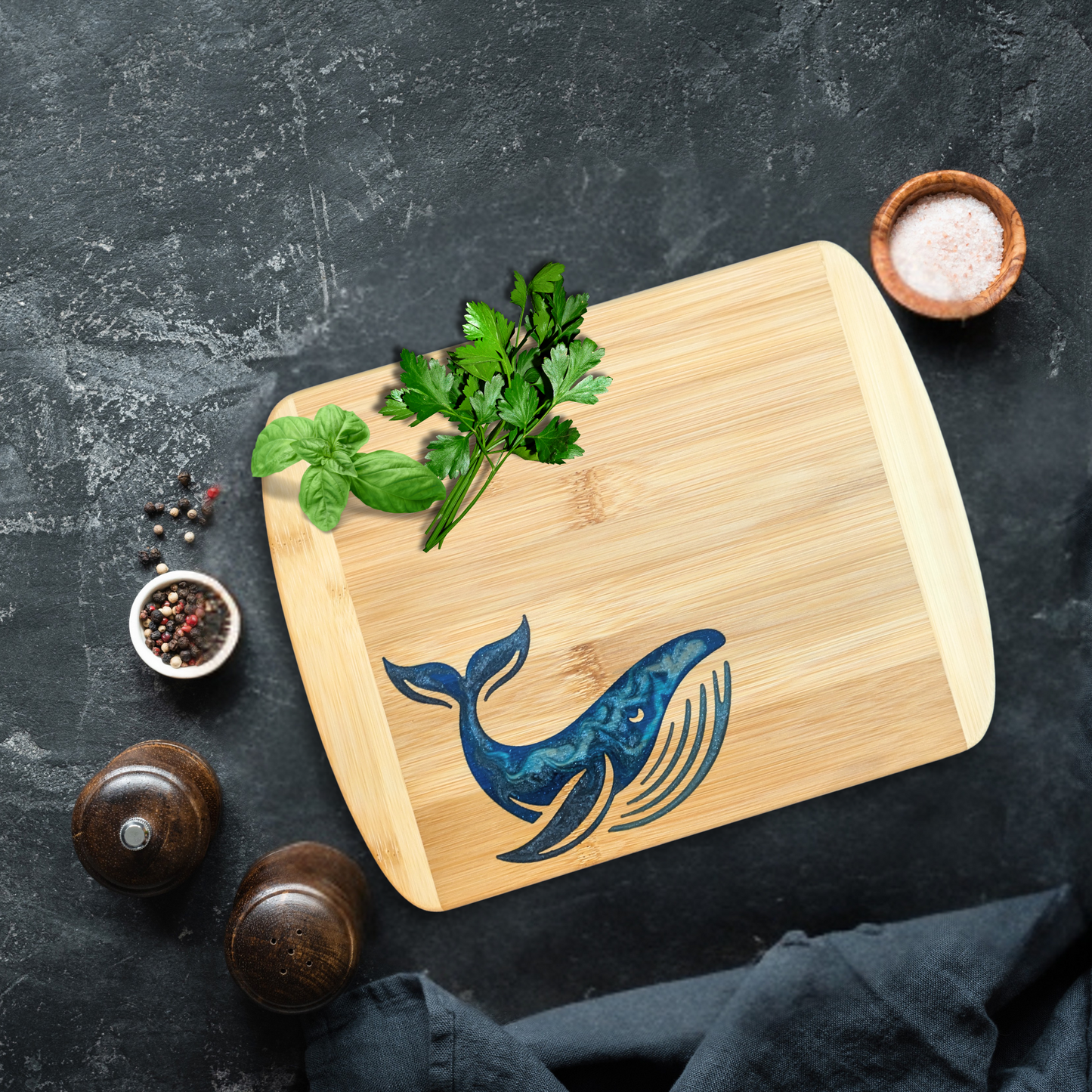 THE BLENDED OASIS - Bamboo Cutting Board - Marine Life Epoxy Resin Designs (Whale 1) - Epoxy Resin Inlay